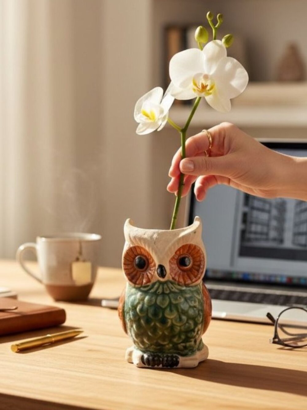 Vintage Ceramic Owl Vase Planter With Hand-Painted Details Orange & Green